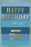 This birthday card presents a beautifully balanced mix of serenity and celebration, much like the quiet charm of Westcombe Park on a sunny morning. The background is formed from broad horizontal stripes in graduated shades of blue, beginning with a deep navy at the top and easing into mid-blue and a paler sky tone toward the bottom. The effect is soothing and layered, echoing the soft shift of light you might see walking from Maze Hill down towards the park. Across the centre, the greeting HAPPY BIRTHDAY appears in tall, embossed gold lettering. The metallic gold is gently reflective, catching highlights as though lit by a nearby window, and stands out clearly against the cool, velvety blues. Just beneath this main message lies an elegant golden flourish, a flowing scroll design that adds a classic, slightly romantic touch. Below the flourish, three slim gold banners are stacked neatly, each ribbon inscribed with the friendly reminder: Relax, have a great day and enjoy! Around the edge of the card runs a fine gold border, framing the composition with a sense of polish and completion. The card stock itself appears smooth, firm, and slightly satin to the touch, likely producing a soft rustle when opened. You can easily imagine this card propped next to a vase of fresh birthday flowers delivered to a SE3 doorstep, the gold details glinting softly beside petals and greenery. Its blue and gold colour scheme, calm layout, and comforting message make it an ideal companion for a thoughtful birthday bouquet in and around Westcombe Park.